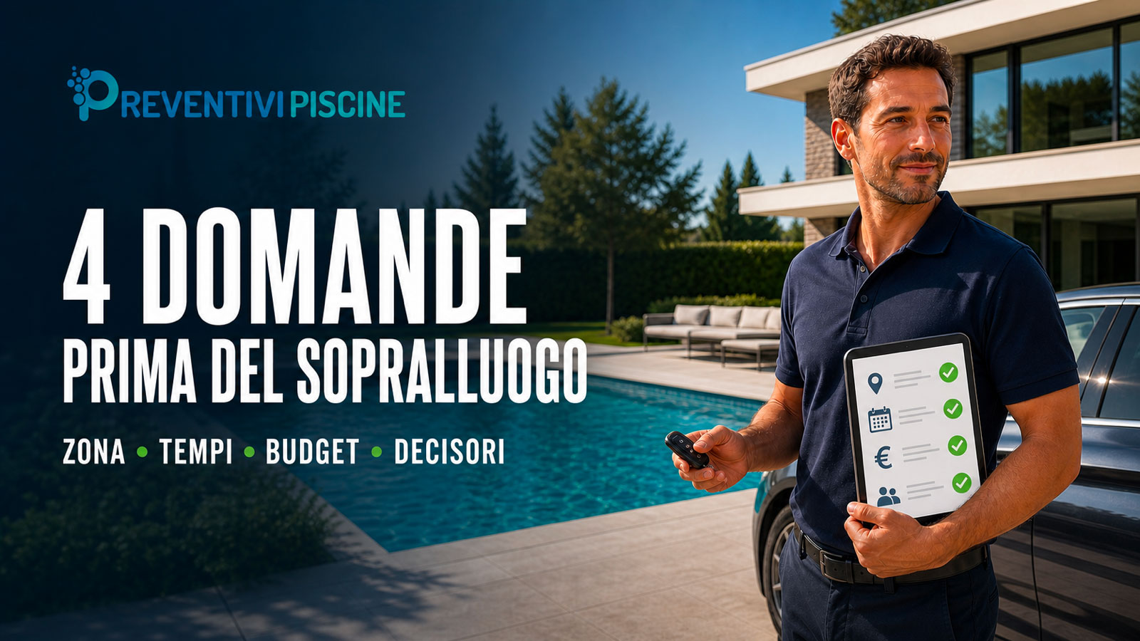Sopralluogo di un'azienda di piscine con i clienti a bordo piscina
